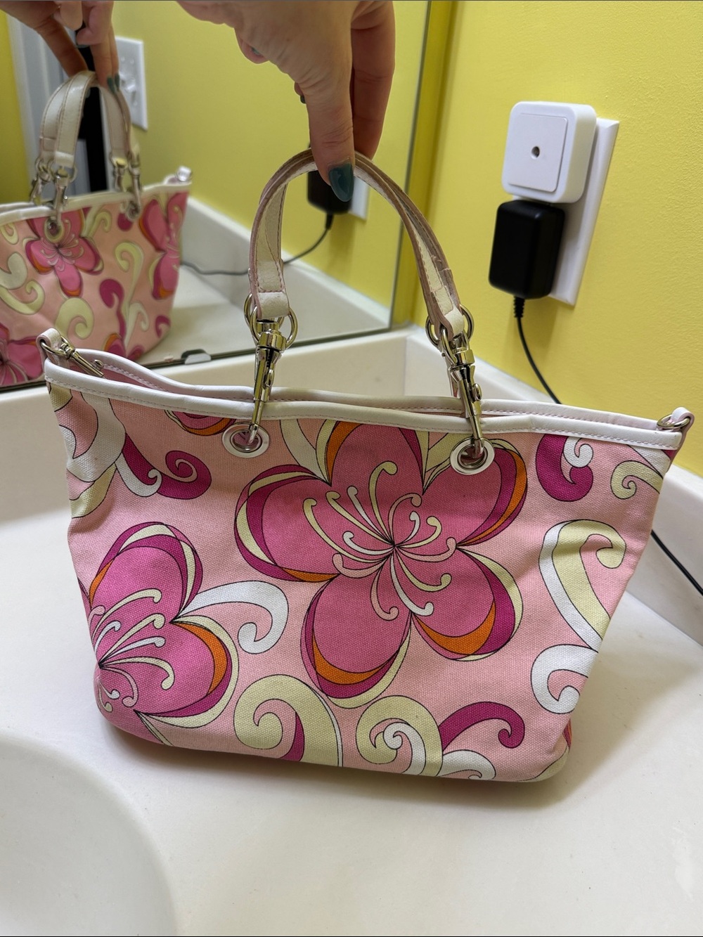 Strada Pink Floral Print Cotton Canvas Tote Handbag - Designer-Style Women’s Bag